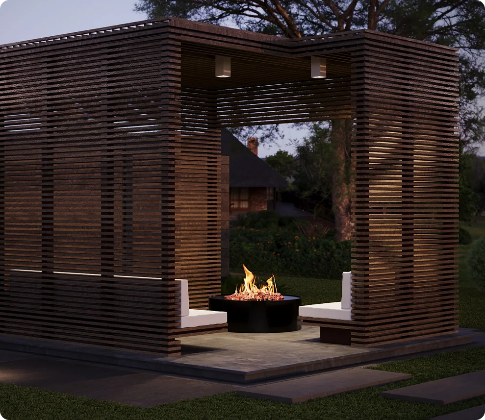 Ceiling luminaires lighting an outdoor pergola