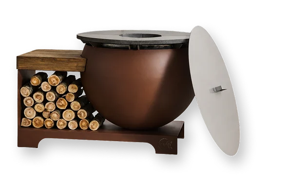 Outdoor kitchen fire pit with firewood storage