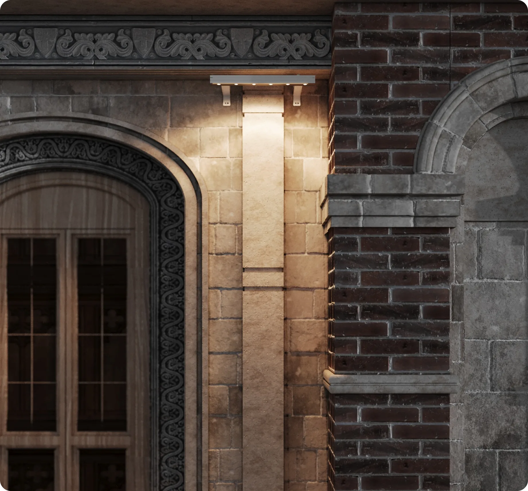 Linear wall washer lighting a stone façade